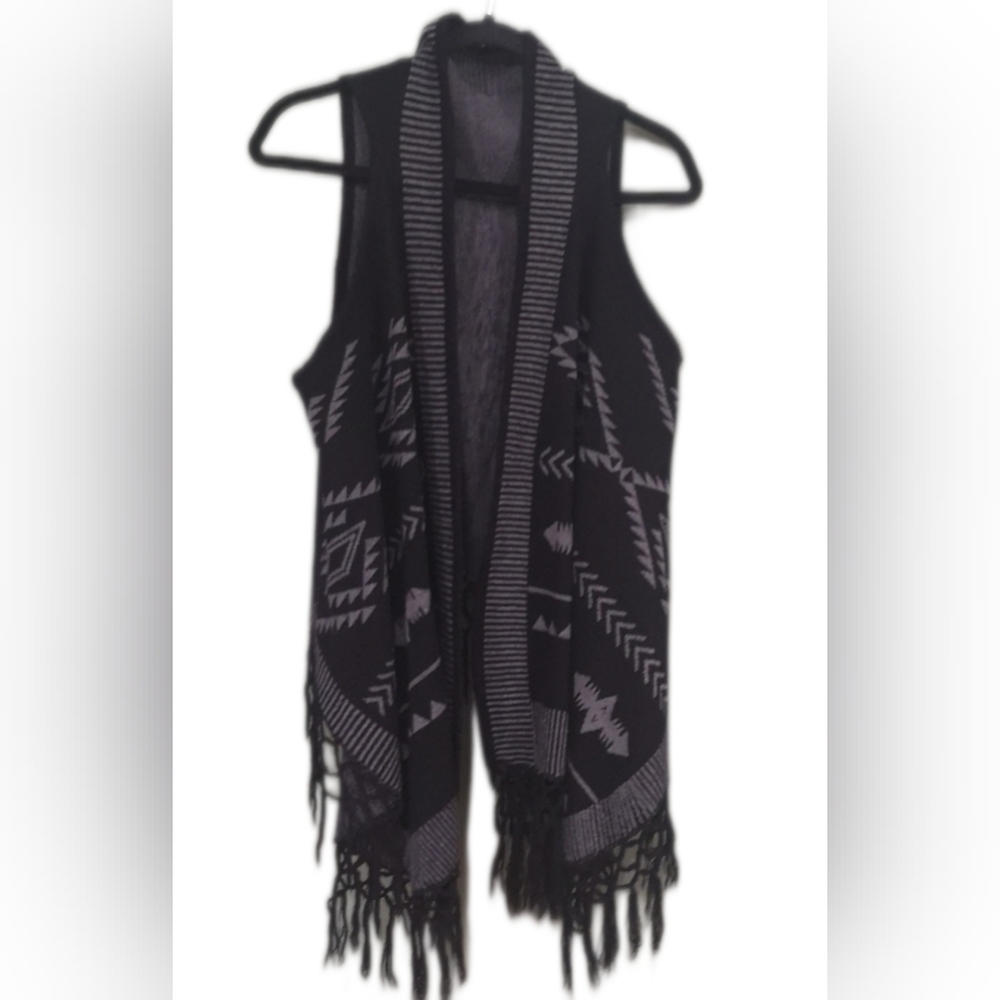 Jackson Rowe Boho Aztec Waterfall Lattice Fringe Open Knit Vest Sz S/M